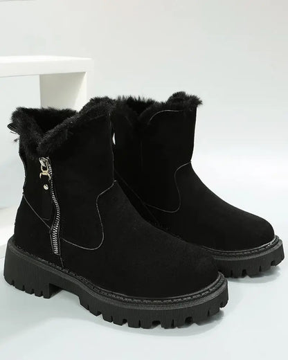 Cozy Black Ankle Boots for Women with Fleece Lining Side Zip Lug Sole Style