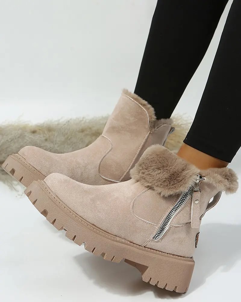 Cozy Black Snow Boots for Women with Faux Fur Lining Side Zip Platform Lug Sole Snowproof Style