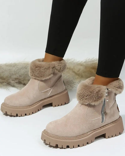 Cozy Black Snow Boots for Women with Faux Fur Lining Side Zip Platform Lug Sole Snowproof Style