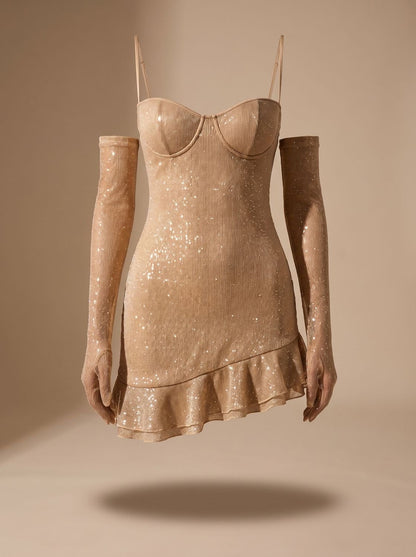 Elegant Sequin Cocktail Mini Dress for Women with Spaghetti-Strap Sweetheart Ruffle Bodycon Christmas Party Style