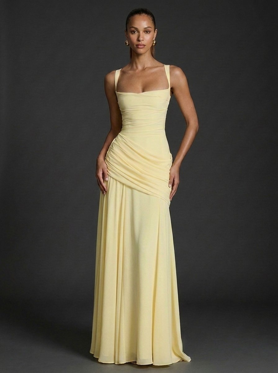 Elegant Wedding Guest Dress for Women with Square Neck Sleeveless Ruched Maxi Formal Style