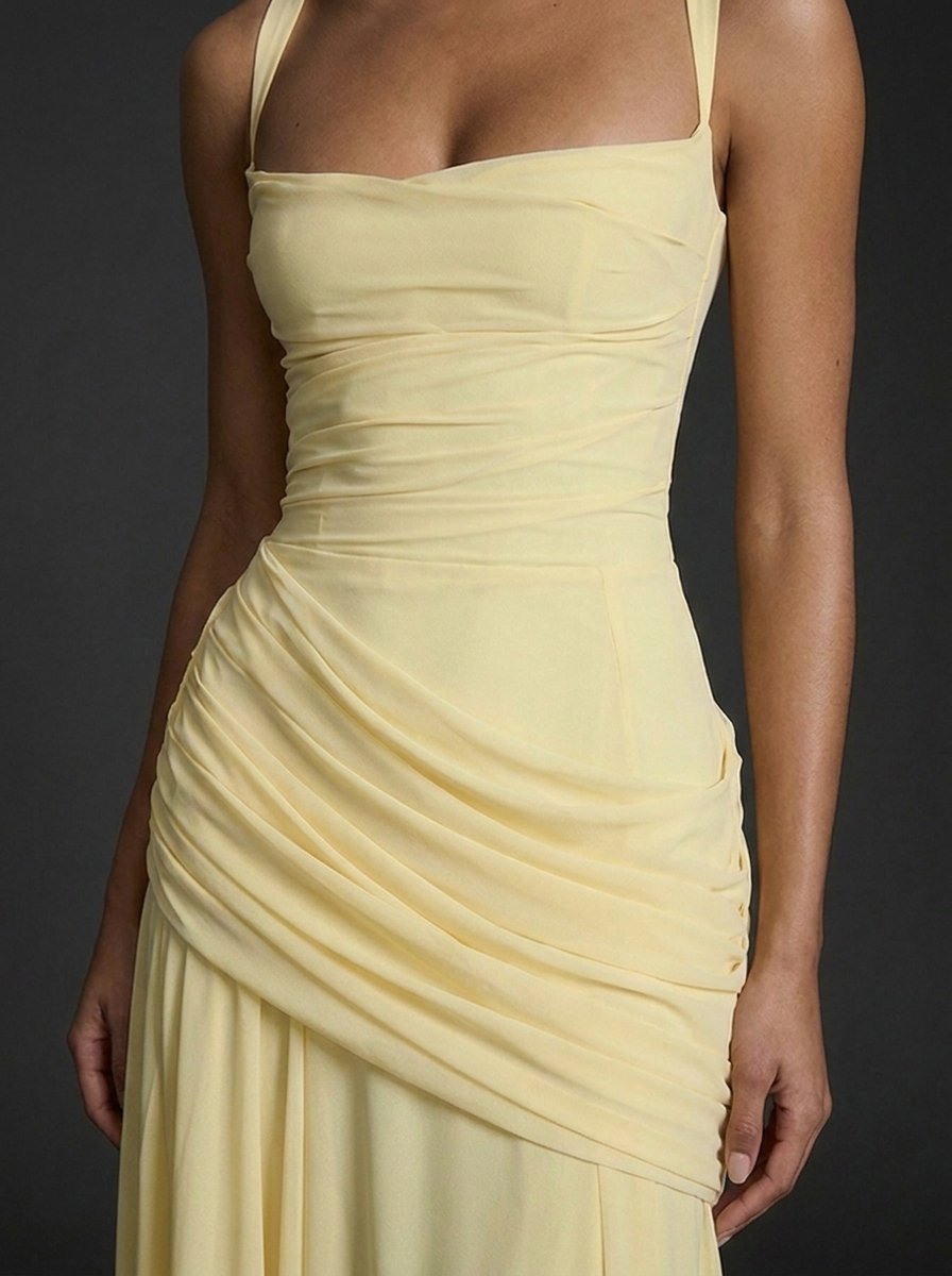 Elegant Wedding Guest Dress for Women with Square Neck Sleeveless Ruched Maxi Formal Style