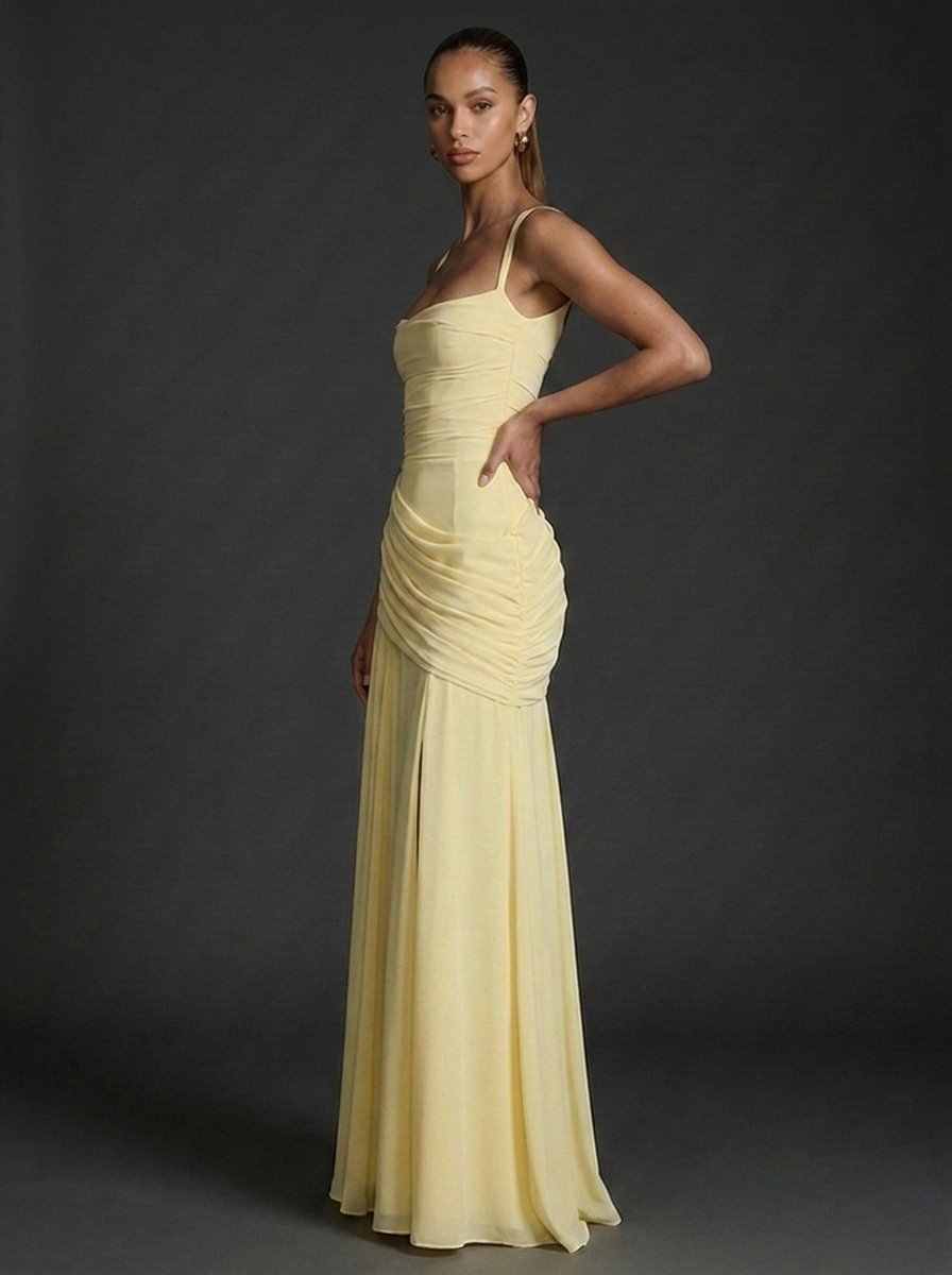 Elegant Wedding Guest Dress for Women with Square Neck Sleeveless Ruched Maxi Formal Style