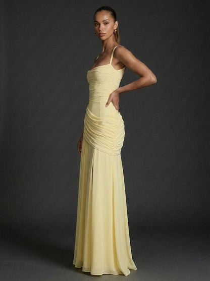 Elegant Wedding Guest Dress for Women with Square Neck Sleeveless Ruched Maxi Formal Style
