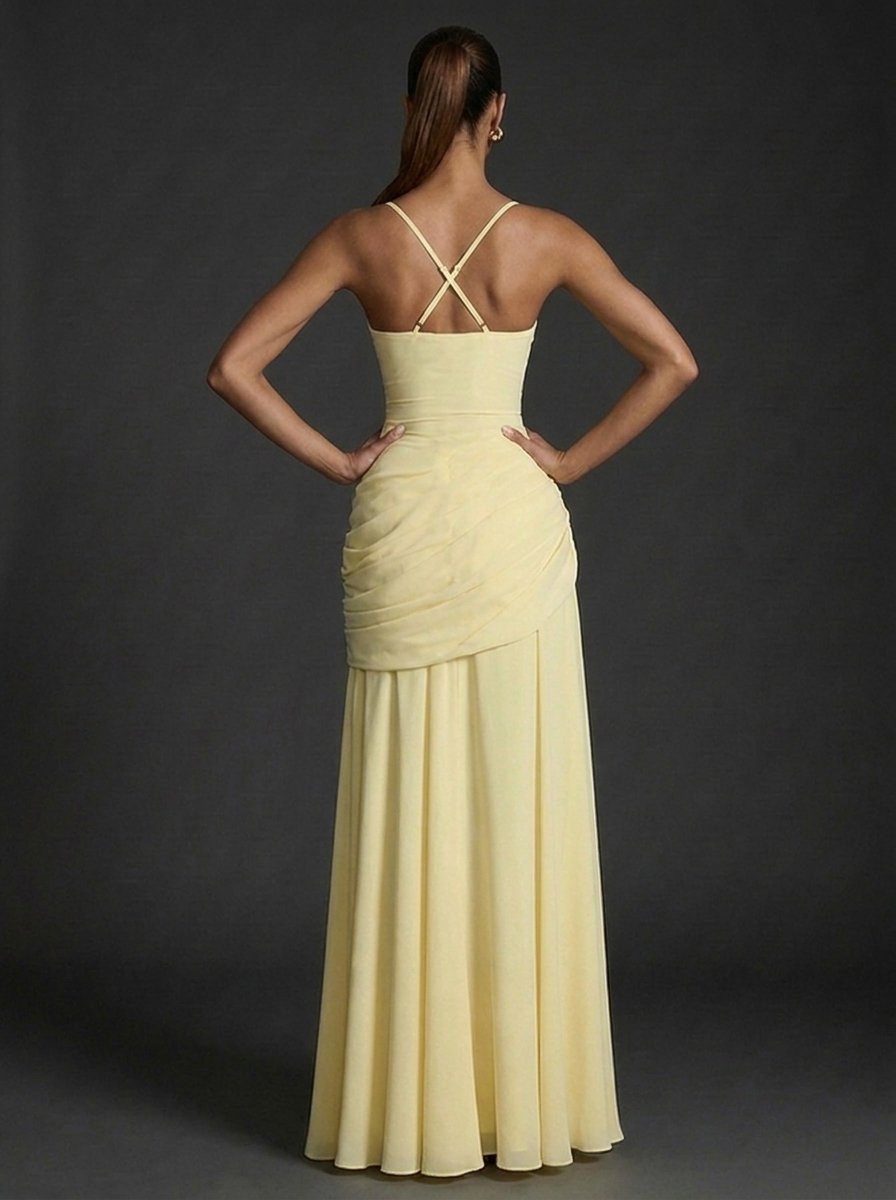 Elegant Wedding Guest Dress for Women with Square Neck Sleeveless Ruched Maxi Formal Style