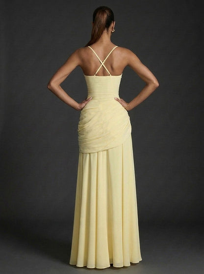 Elegant Wedding Guest Dress for Women with Square Neck Sleeveless Ruched Maxi Formal Style