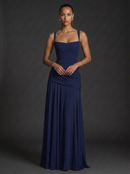 Elegant Wedding Guest Dress for Women with Square Neck Sleeveless Ruched Maxi Formal Style