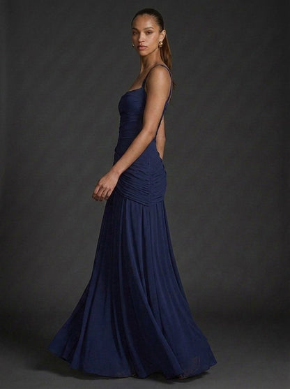 Elegant Wedding Guest Dress for Women with Square Neck Sleeveless Ruched Maxi Formal Style