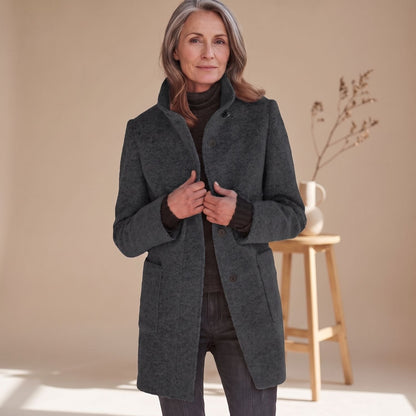 Elegant Blue Wool Coat for Women with Stand Collar Button Front Long Sleeve Midi Winter Style
