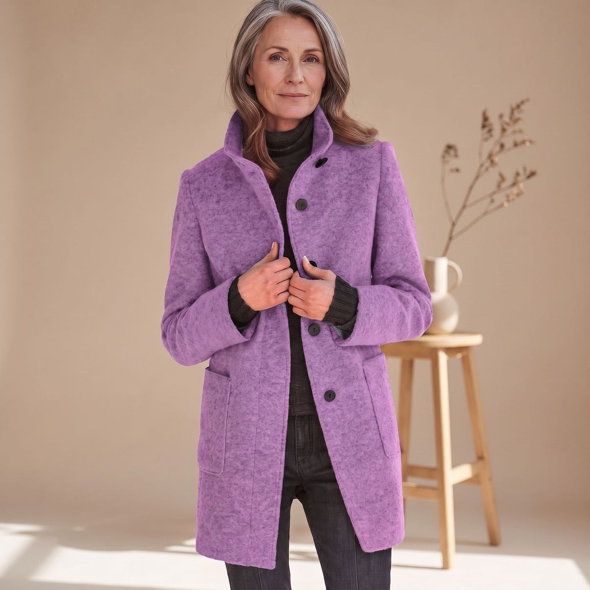 Elegant Blue Wool Coat for Women with Stand Collar Button Front Long Sleeve Midi Winter Style