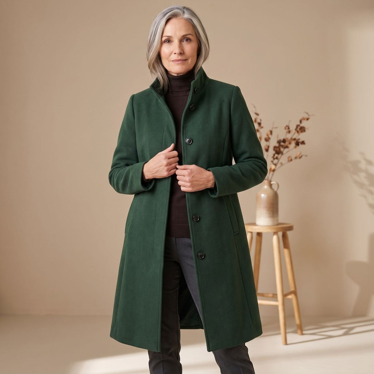 Elegant Blue Wool Coat for Women with Stand Collar Button Front Long Sleeve Midi Winter Style