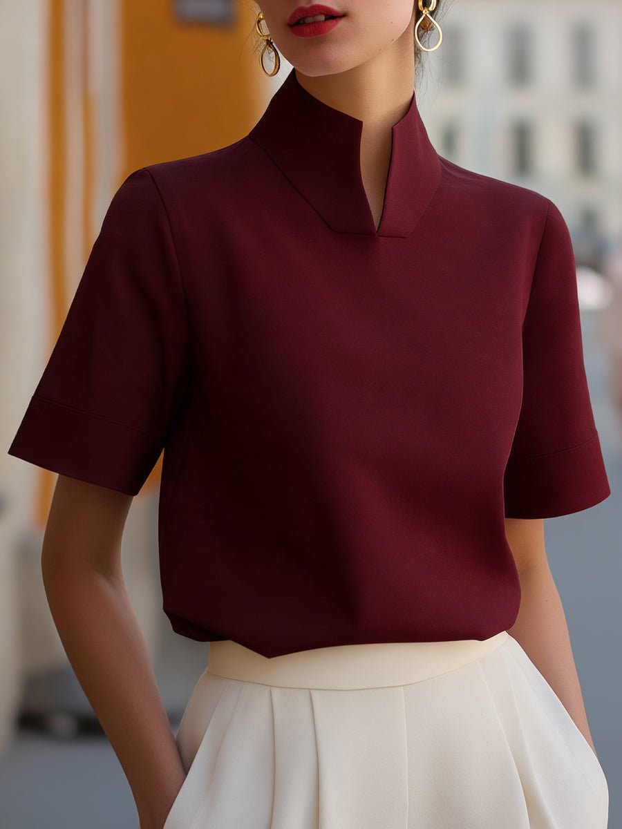 Elegant Blouse for Women with Mandarin Collar Short Sleeve Relaxed Formal Style