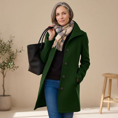 Elegant Green Wool Coat for Women with Notched Lapel Button Front Long Sleeve Midi Pea Coat Style