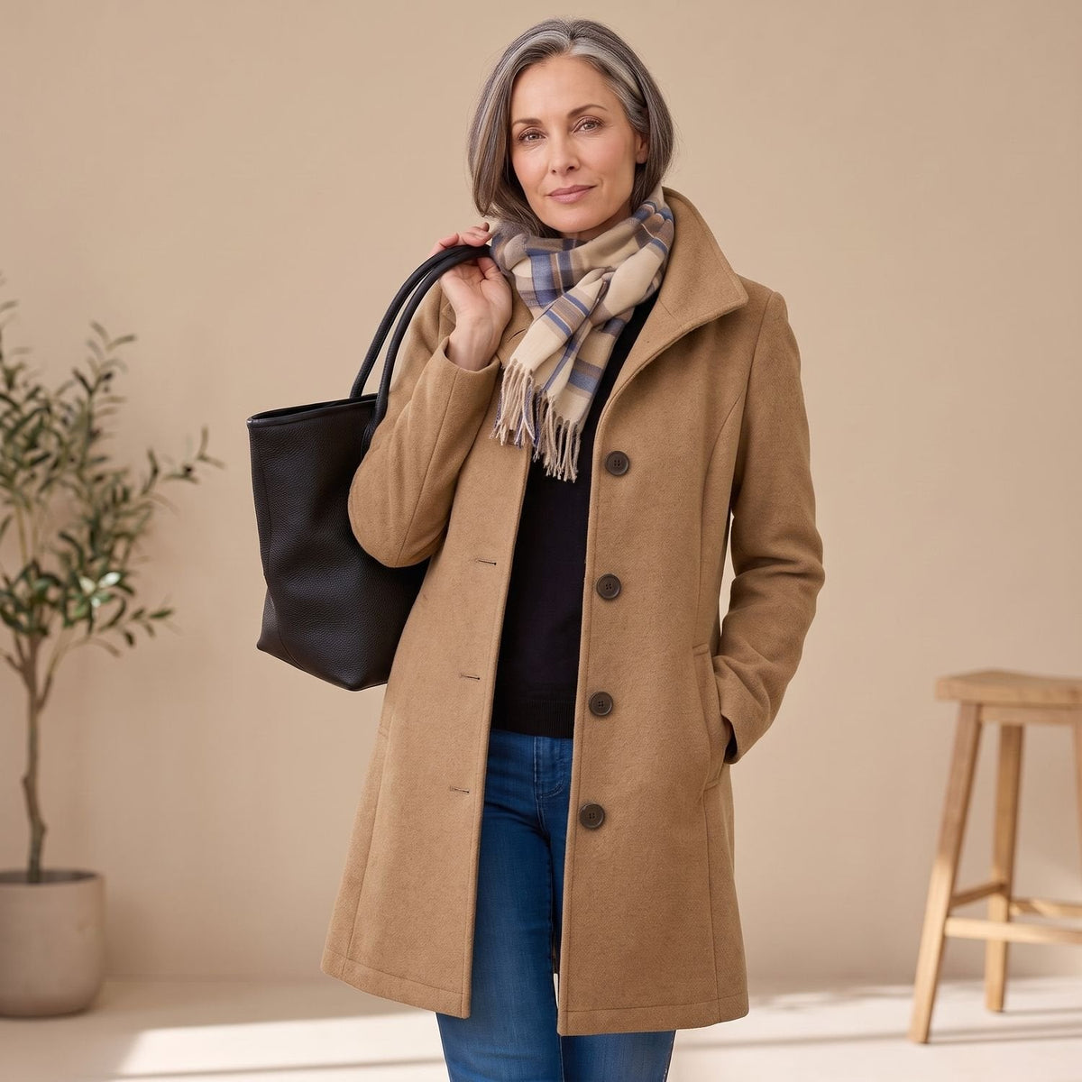 Elegant Green Wool Coat for Women with Notched Lapel Button Front Long Sleeve Midi Pea Coat Style