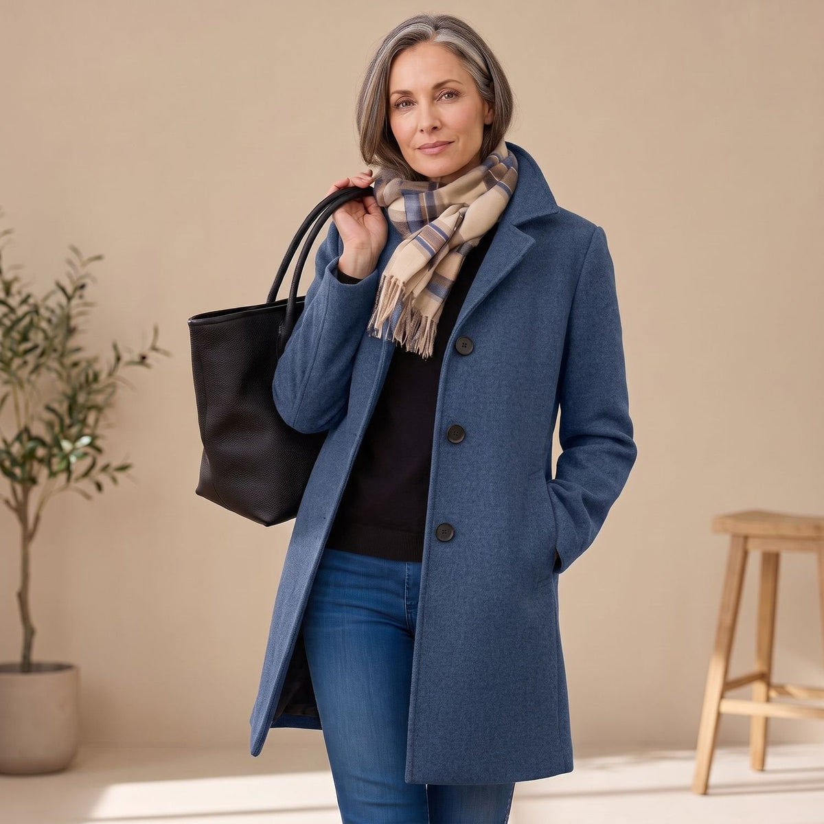 Elegant Green Wool Coat for Women with Notched Lapel Button Front Long Sleeve Midi Pea Coat Style