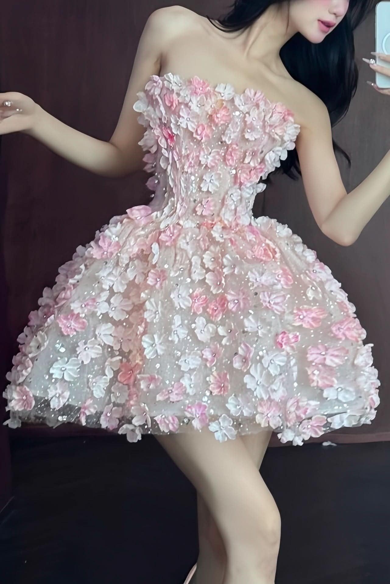 Elegant Floral Mini Dress for Women with Strapless Structured Bodice Cocktail Party Style