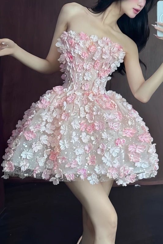 Elegant Floral Mini Dress for Women with Strapless Structured Bodice Cocktail Party Style