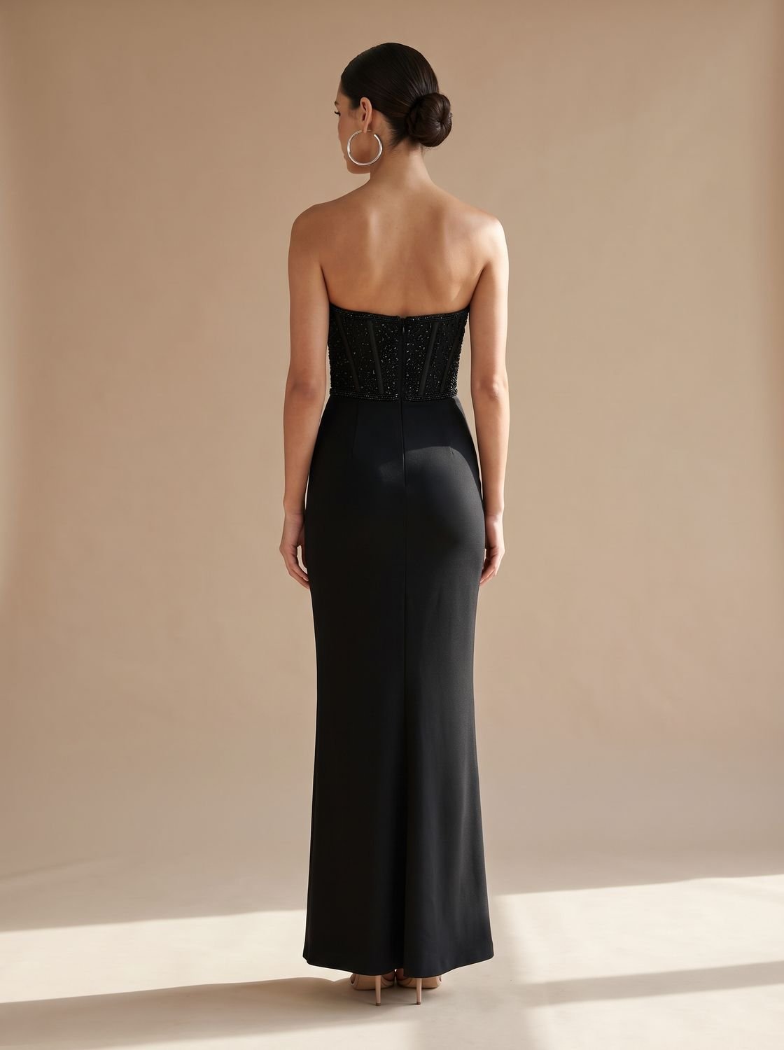 Elegant Formal Wedding Guest Gown for Women with Strapless Sweetheart Beaded Corset Draped Floor-Length Style