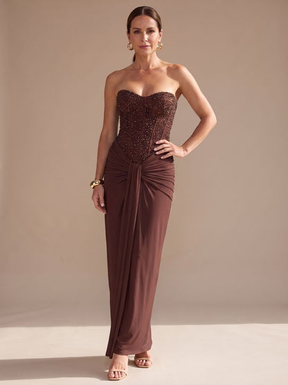 Elegant Formal Wedding Guest Gown for Women with Strapless Sweetheart Beaded Corset Draped Floor-Length Style