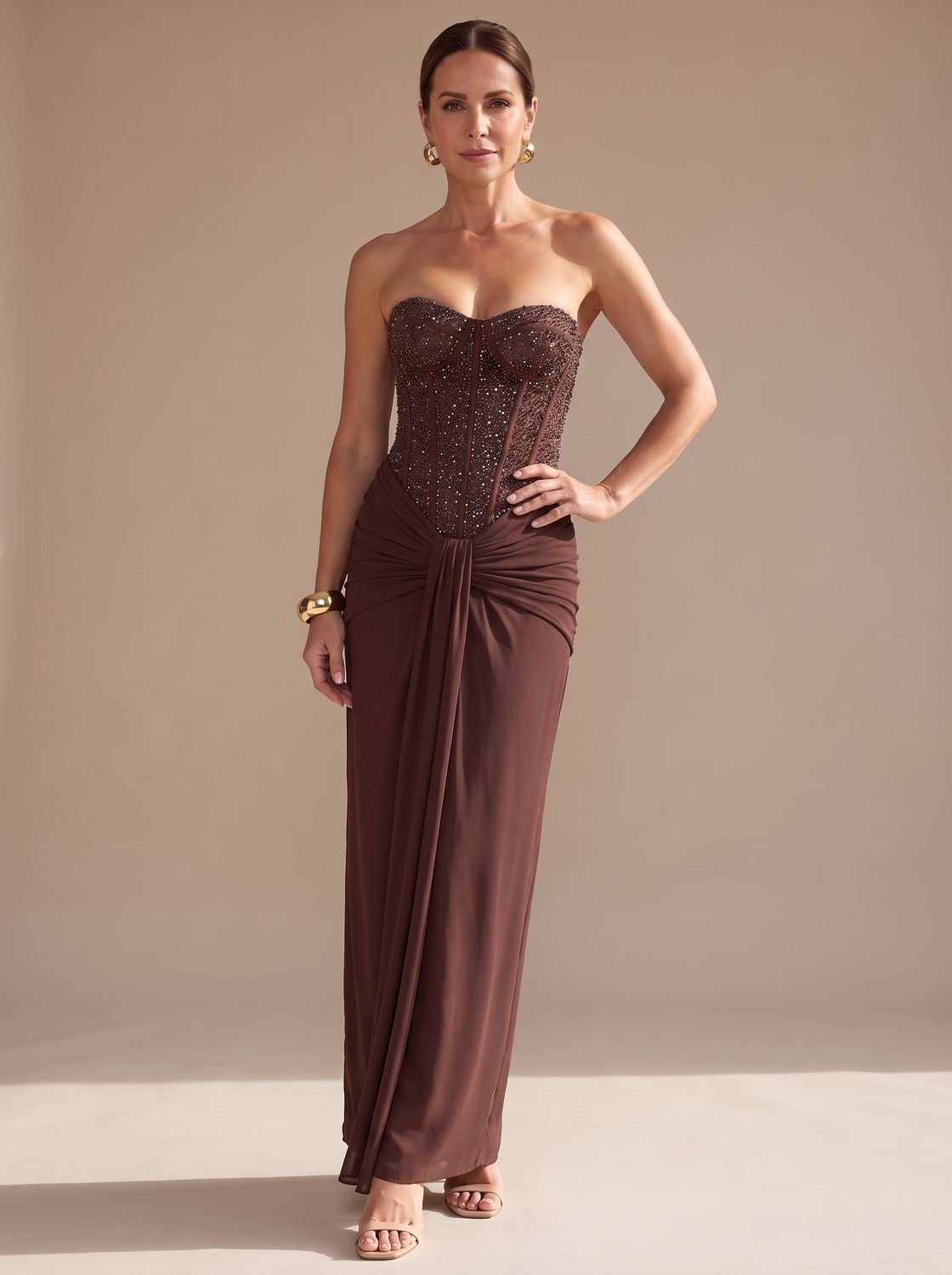 Elegant Formal Wedding Guest Gown for Women with Strapless Sweetheart Beaded Corset Draped Floor-Length Style