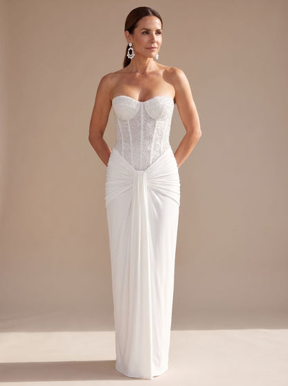 Elegant Formal Wedding Guest Gown for Women with Strapless Sweetheart Beaded Corset Draped Floor-Length Style