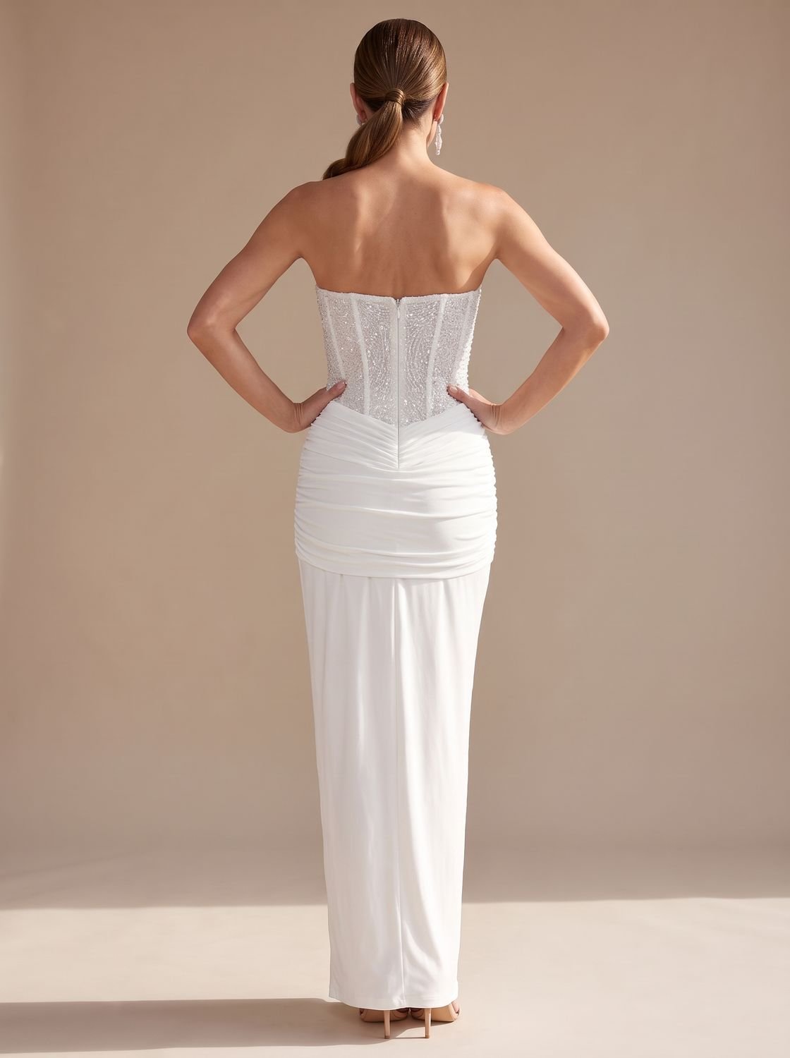 Elegant Formal Wedding Guest Gown for Women with Strapless Sweetheart Beaded Corset Draped Floor-Length Style