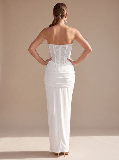 Elegant Formal Wedding Guest Gown for Women with Strapless Sweetheart Beaded Corset Draped Floor-Length Style