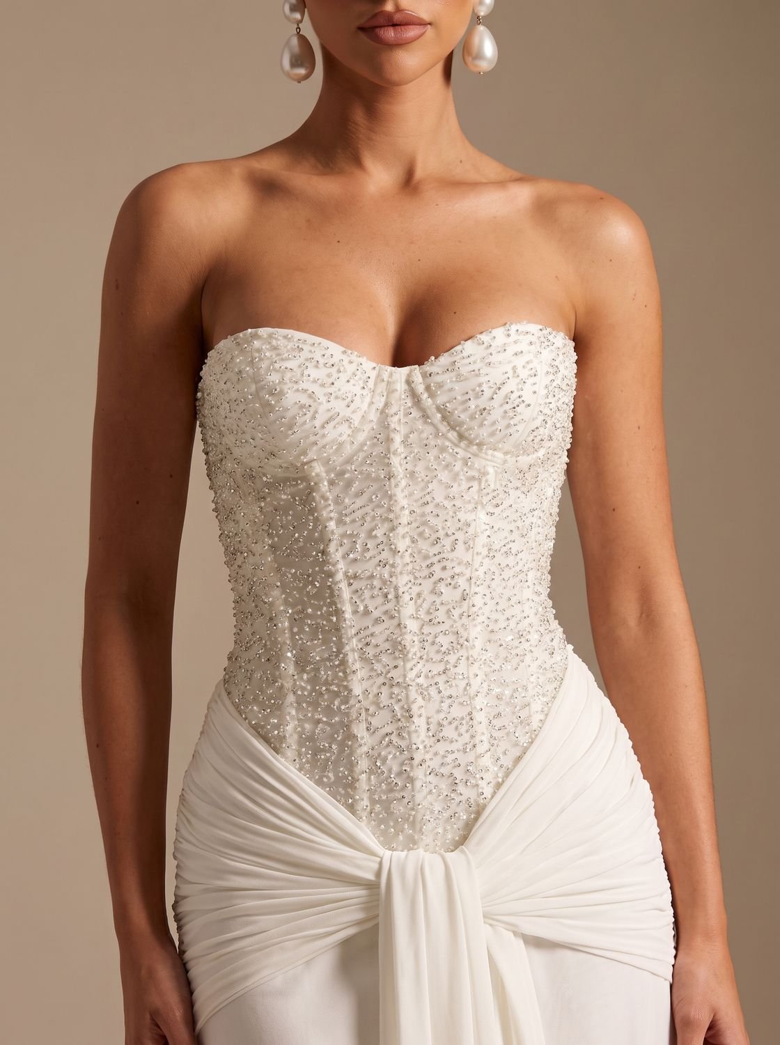 Elegant Formal Wedding Guest Gown for Women with Strapless Sweetheart Beaded Corset Draped Floor-Length Style