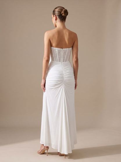 Elegant Formal Wedding Guest Gown for Women with Strapless Sweetheart Beaded Corset Draped Floor-Length Style