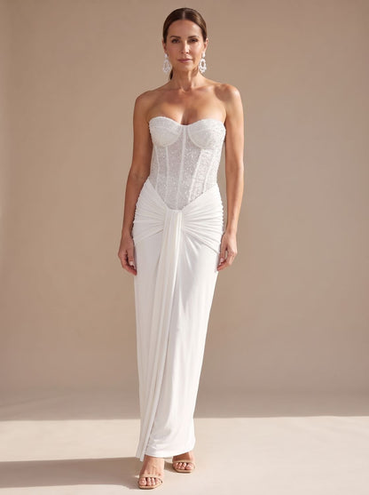Elegant Formal Wedding Guest Gown for Women with Strapless Sweetheart Beaded Corset Draped Floor-Length Style