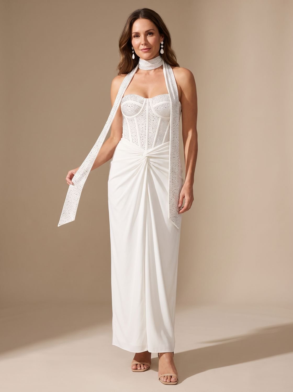 Elegant Formal Wedding Guest Gown for Women with Strapless Sweetheart Beaded Corset Draped Floor-Length Style