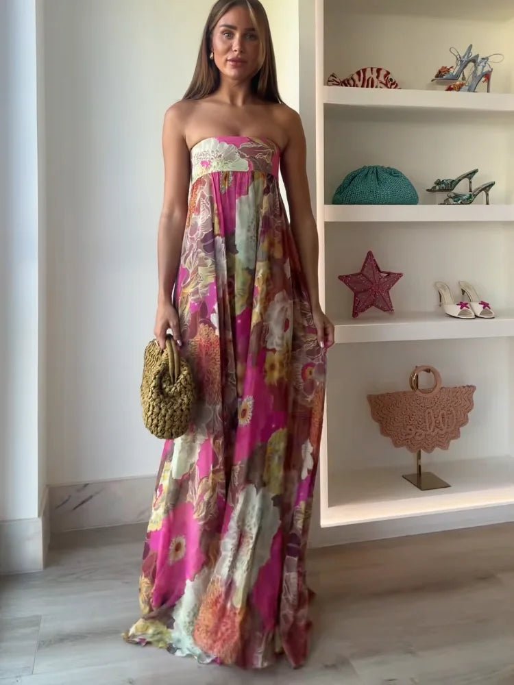 Effortless Fuchsia Floral Maxi Dress for Women with Strapless Sleeveless Strapless Lace Bust Panel Casual Style