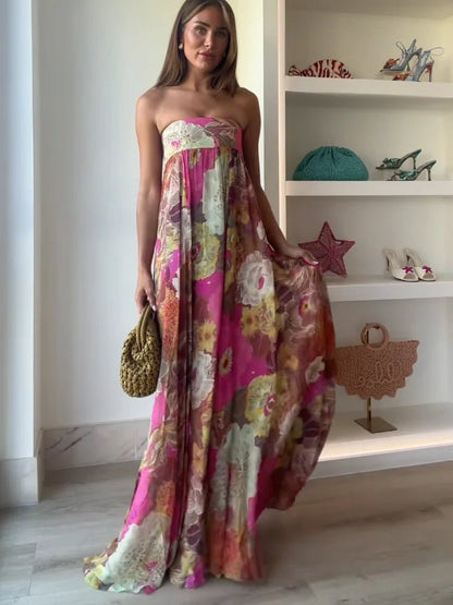 Effortless Fuchsia Floral Maxi Dress for Women with Strapless Sleeveless Strapless Lace Bust Panel Casual Style