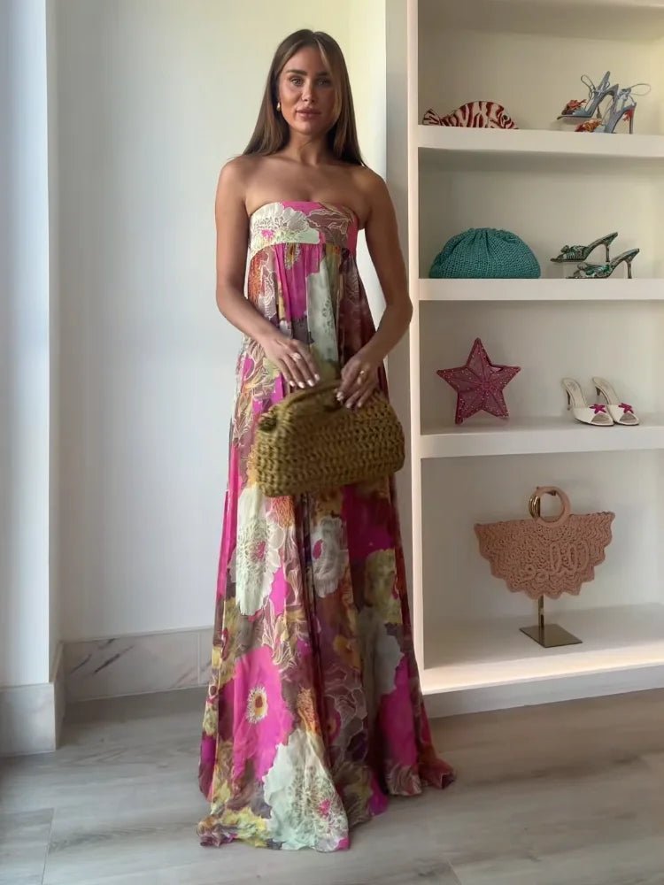 Effortless Fuchsia Floral Maxi Dress for Women with Strapless Sleeveless Strapless Lace Bust Panel Casual Style