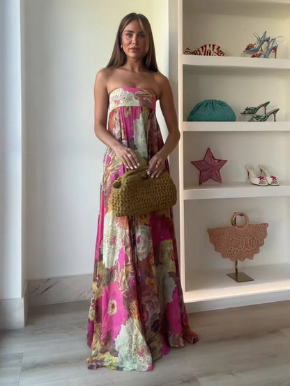 Effortless Fuchsia Floral Maxi Dress for Women with Strapless Sleeveless Strapless Lace Bust Panel Casual Style