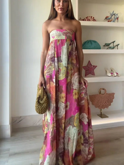 Effortless Fuchsia Floral Maxi Dress for Women with Strapless Sleeveless Strapless Lace Bust Panel Casual Style