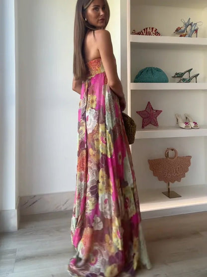 Effortless Fuchsia Floral Maxi Dress for Women with Strapless Sleeveless Strapless Lace Bust Panel Casual Style