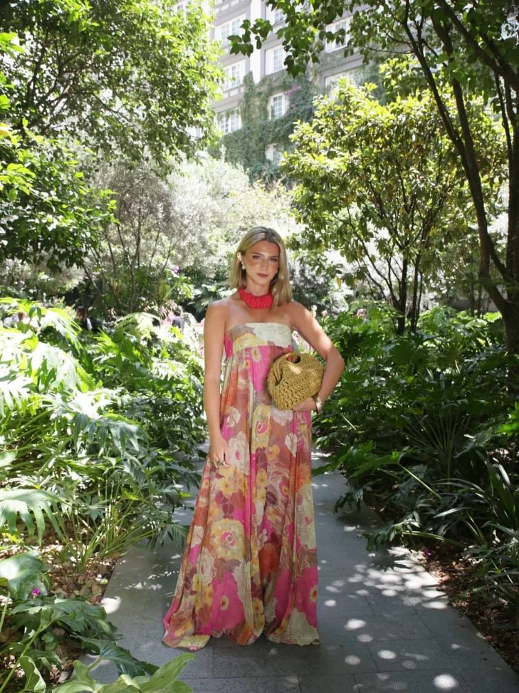 Effortless Fuchsia Floral Maxi Dress for Women with Strapless Sleeveless Strapless Lace Bust Panel Casual Style