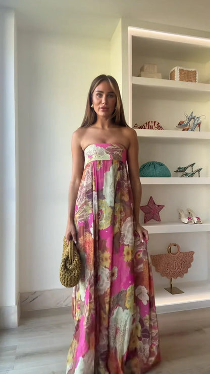 Effortless Fuchsia Floral Maxi Dress for Women with Strapless Sleeveless Strapless Lace Bust Panel Casual Style