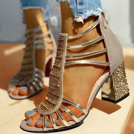 Comfortable Strappy Rhinestone Sandals for Women with Block Heel Sparkle