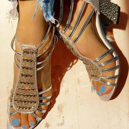 Comfortable Strappy Rhinestone Sandals for Women with Block Heel Sparkle