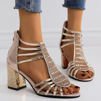 Comfortable Strappy Rhinestone Sandals for Women with Block Heel Sparkle