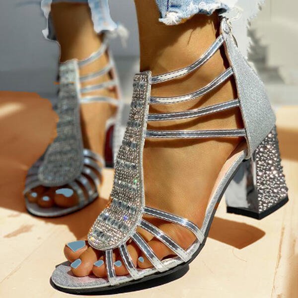 Comfortable Strappy Rhinestone Sandals for Women with Block Heel Sparkle