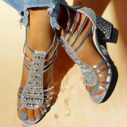 Comfortable Strappy Rhinestone Sandals for Women with Block Heel Sparkle