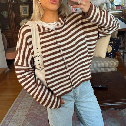 Comfortable Striped Cardigan Sweater for Women with Collar Long Sleeve Button Front Oversized Knit Style
