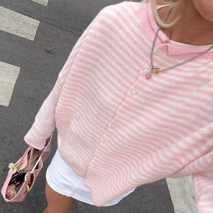 Comfortable Striped Cardigan Sweater for Women with Collar Long Sleeve Button Front Oversized Knit Style