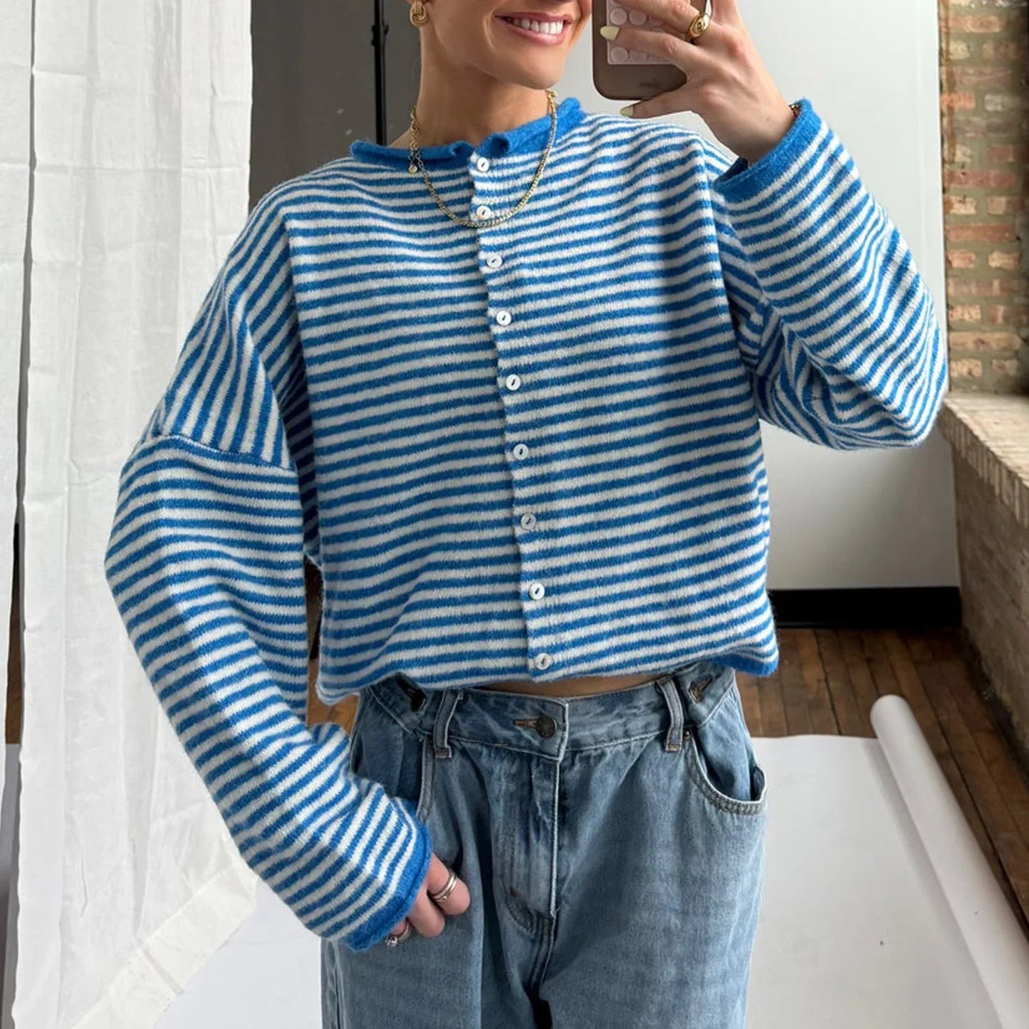 Comfortable Striped Cardigan Sweater for Women with Collar Long Sleeve Button Front Oversized Knit Style