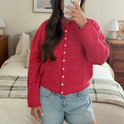 Comfortable Striped Cardigan Sweater for Women with Collar Long Sleeve Button Front Oversized Knit Style