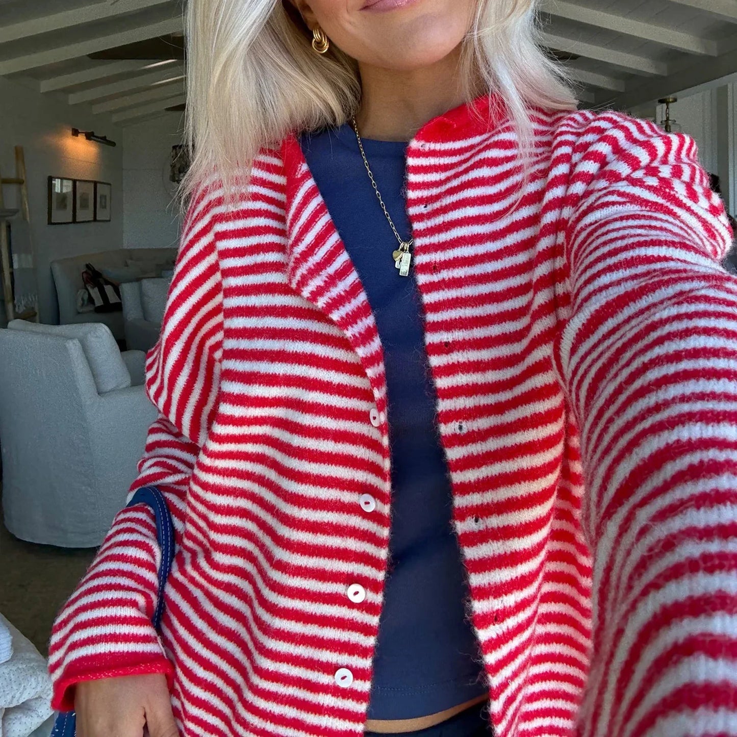 Comfortable Striped Cardigan Sweater for Women with Collar Long Sleeve Button Front Oversized Knit Style