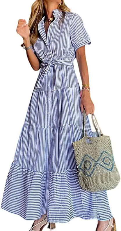 Effortless Striped Maxi Dress for Women with Collared Neck Short Sleeve Belted Casual Style
